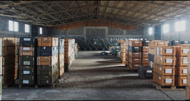 A weapons storage facility in Zenica with multiple crates stacked in sections