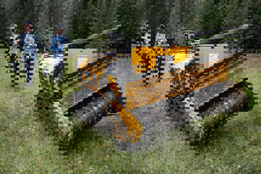 Фотографія машини для видалення рослинності дистанційно на фони смуги дереві і двох  демінерів