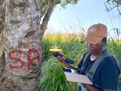 HALO deminer in protective gear, uses a device to conduct a survey amidst thick tall grass