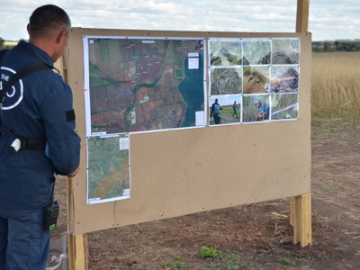A HALO staff member looks at a task map pinned onto a board in a minefield