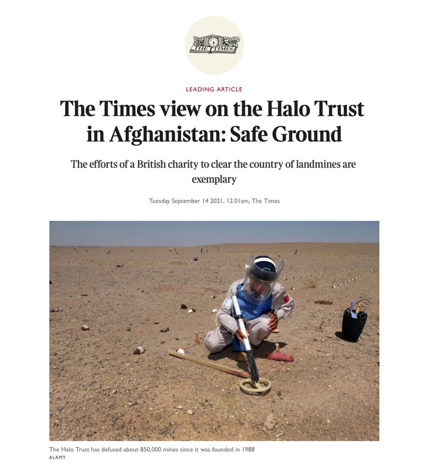 A Times article displaying a photo of a deminer in Afghanistan below the headline