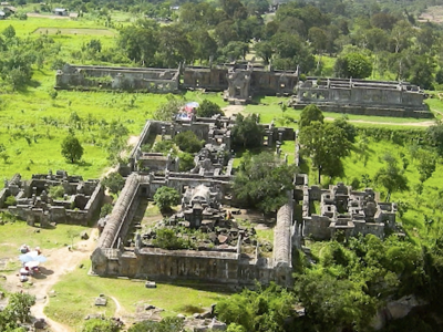 An aerial shot of the mountain top Preah Vihear Temple on the Thai-Cambodian border.
