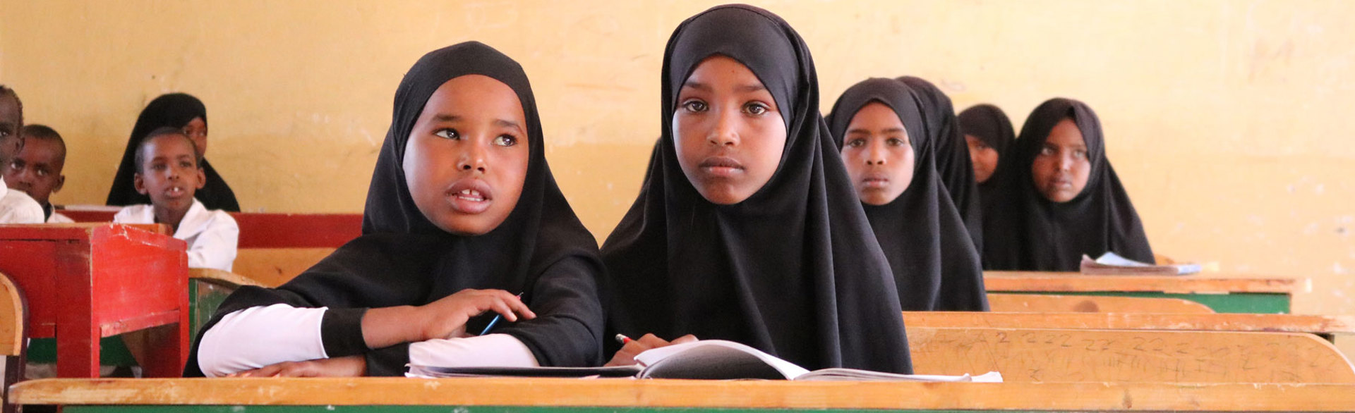Girls sit behind a desk in a classroom