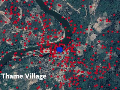 A map highlighting bombs in Thame village
